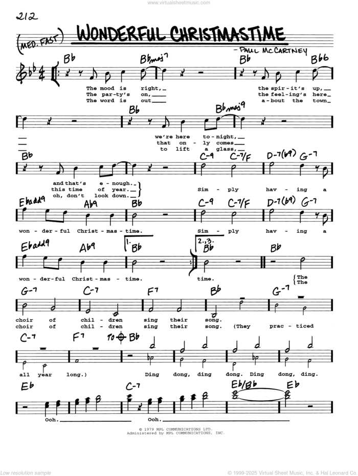 Wonderful Christmastime sheet music for voice and other instruments (real book with lyrics) by Paul McCartney, intermediate skill level