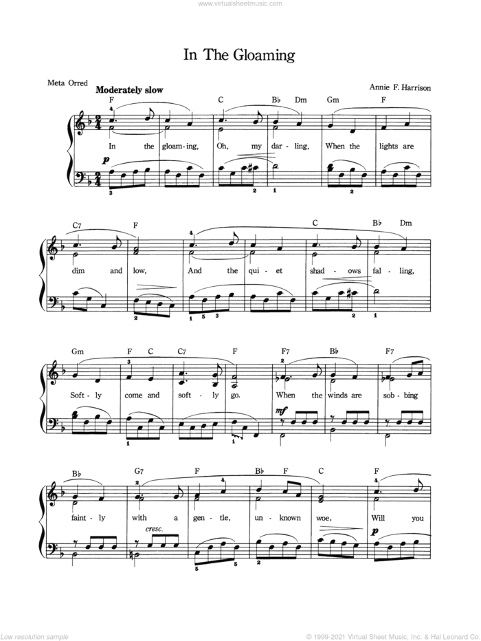 In The Gloaming sheet music for voice and piano by Annie F. Harrison, intermediate skill level
