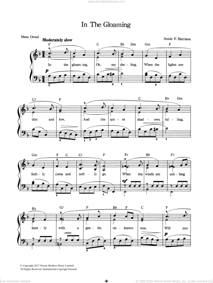 In The Gloaming sheet music for voice and piano by Annie F. Harrison, intermediate skill level