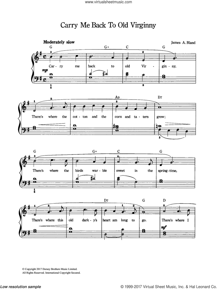 Carry Me Back To Old Virginny sheet music for voice and piano by James A. Bland, intermediate skill level