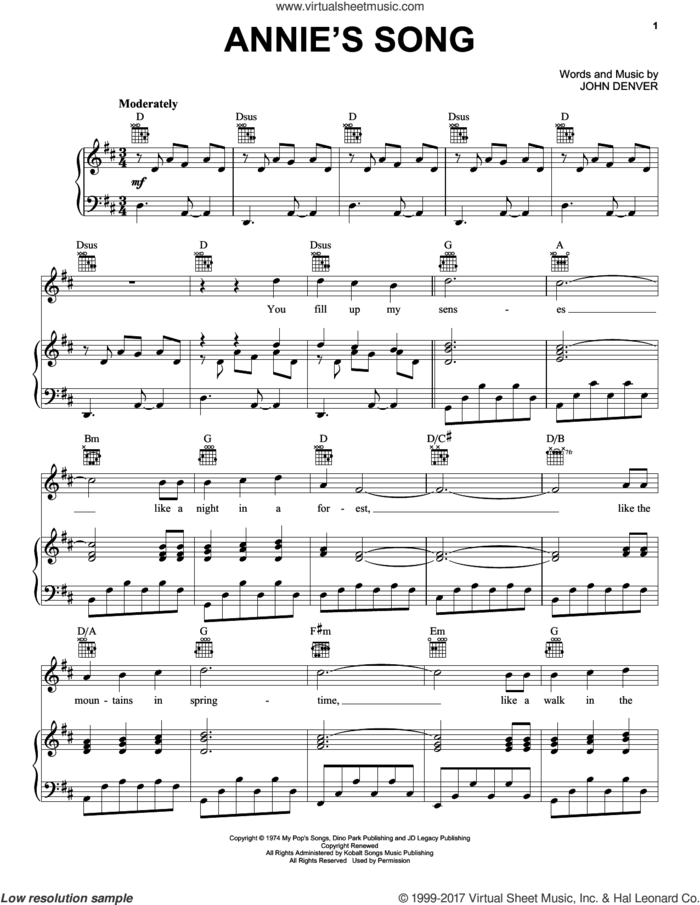Annie's Song sheet music for voice, piano or guitar by John Denver, intermediate skill level