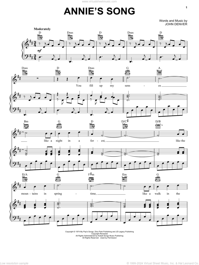 Annie's Song sheet music for voice, piano or guitar by John Denver, intermediate skill level