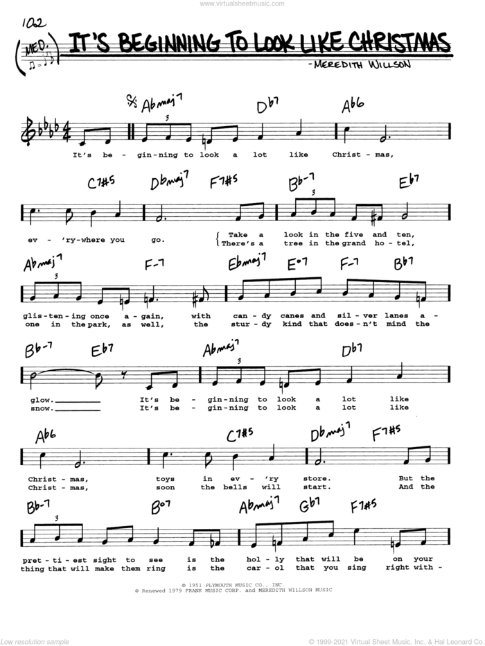 It's Beginning To Look Like Christmas sheet music for voice and other instruments (real book with lyrics) by Meredith Willson, intermediate skill level