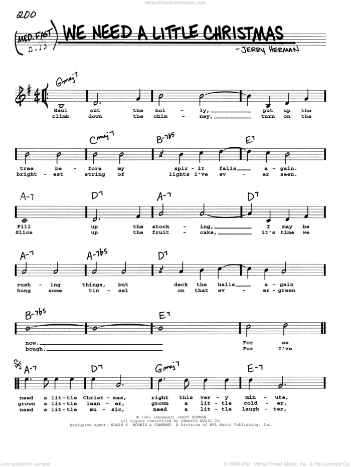 We Need A Little Christmas sheet music for voice and other instruments (real book with lyrics) by Jerry Herman and Kimberley Locke, intermediate skill level