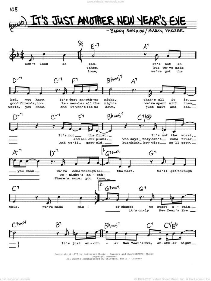 It's Just Another New Year's Eve sheet music for voice and other instruments (real book with lyrics) by Barry Manilow and Marty Panzer, intermediate skill level