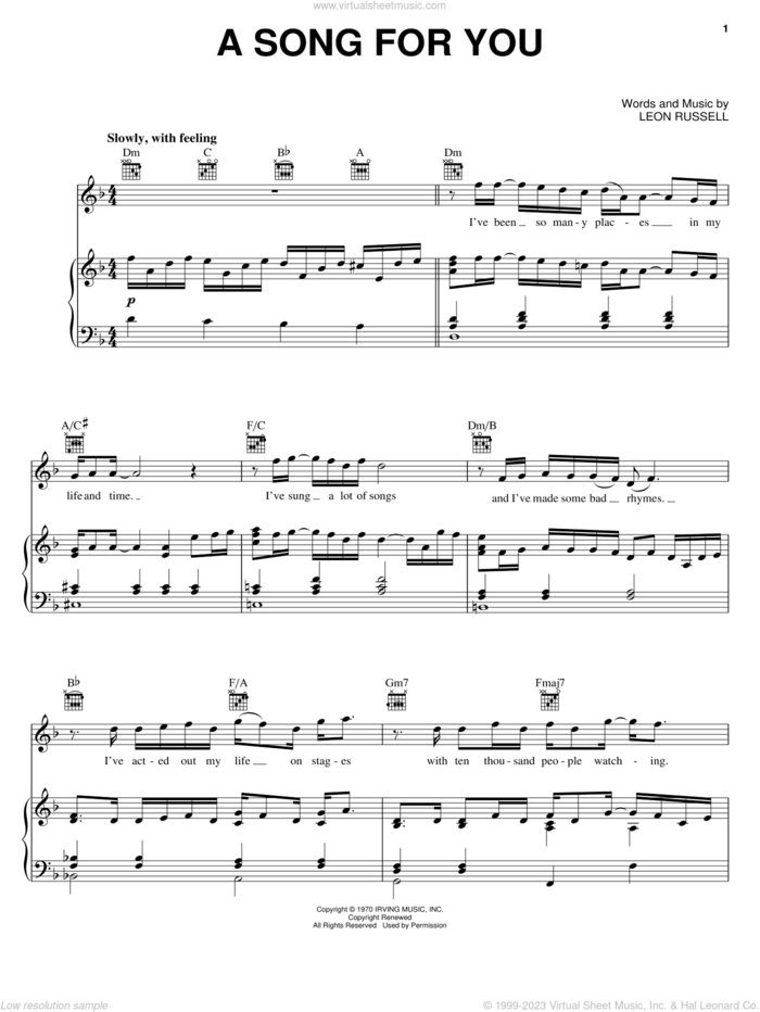 A Song For You sheet music for voice, piano or guitar by Elliott Yamin and Leon Russell, intermediate skill level