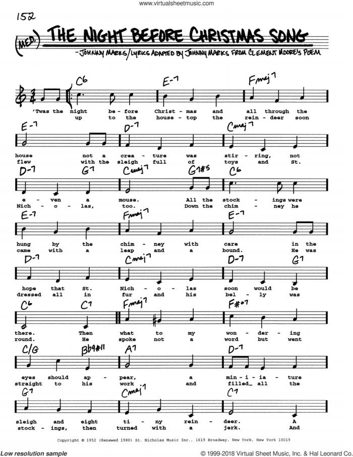 The Night Before Christmas Song sheet music for voice and other instruments (real book with lyrics) by Johnny Marks, intermediate skill level