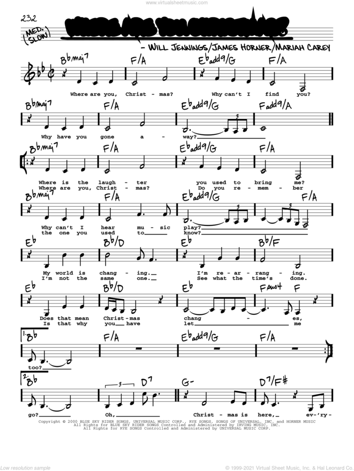 Where Are You Christmas? (from How The Grinch Stole Christmas) sheet music for voice and other instruments (real book with lyrics) by Faith Hill, James Horner, Mariah Carey and Will Jennings, intermediate skill level