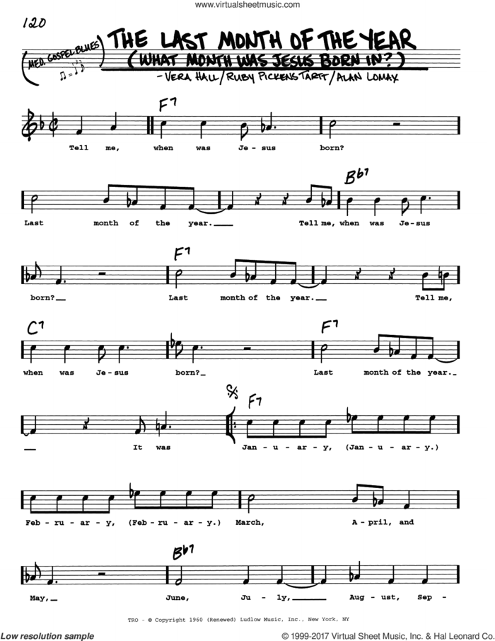 The Last Month Of The Year (What Month Was Jesus Born In?) sheet music for voice and other instruments (real book with lyrics) by Ruby Pickens Tartt, John A. Lomax and Vera Hall, intermediate skill level