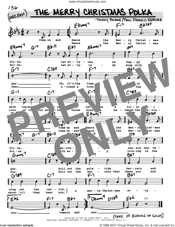 The Merry Christmas Polka sheet music for voice and other instruments (real book with lyrics) by Paul Francis Webster and Sonny Burke, intermediate skill level