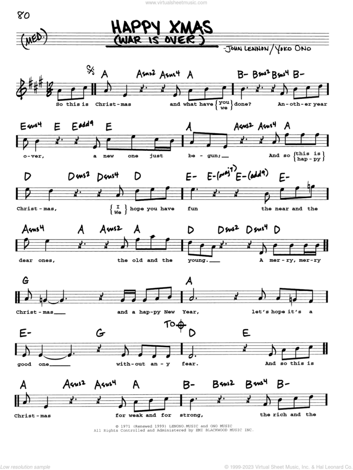 Happy Xmas (War Is Over) sheet music for voice and other instruments (real book with lyrics) by John Lennon and Yoko Ono, intermediate skill level