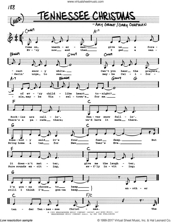 Tennessee Christmas sheet music for voice and other instruments (real book with lyrics) by Amy Grant and Gary Chapman, intermediate skill level