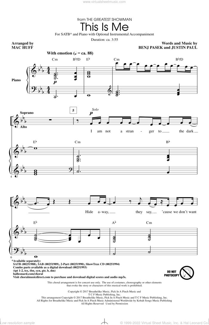 This Is Me (from The Greatest Showman) (arr. Mac Huff) sheet music for choir (SATB: soprano, alto, tenor, bass) by Pasek & Paul, Mac Huff, Benj Pasek and Justin Paul, intermediate skill level