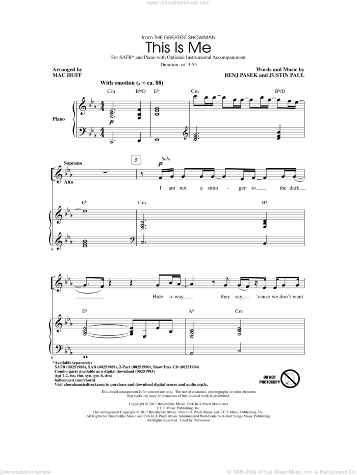 This Is Me (from The Greatest Showman) (arr. Mac Huff) sheet music for choir (SATB: soprano, alto, tenor, bass) by Pasek & Paul, Mac Huff, Benj Pasek and Justin Paul, intermediate skill level