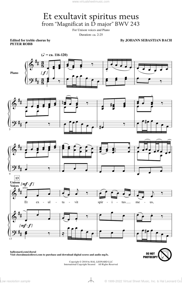 Et Exultavit Spiritus Meus sheet music for choir (Unison) by Johann Sebastian Bach, Peter Robb and Miscellaneous, classical score, intermediate skill level