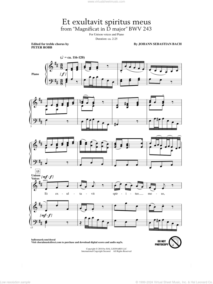 Et Exultavit Spiritus Meus sheet music for choir (Unison) by Johann Sebastian Bach, Peter Robb and Miscellaneous, classical score, intermediate skill level