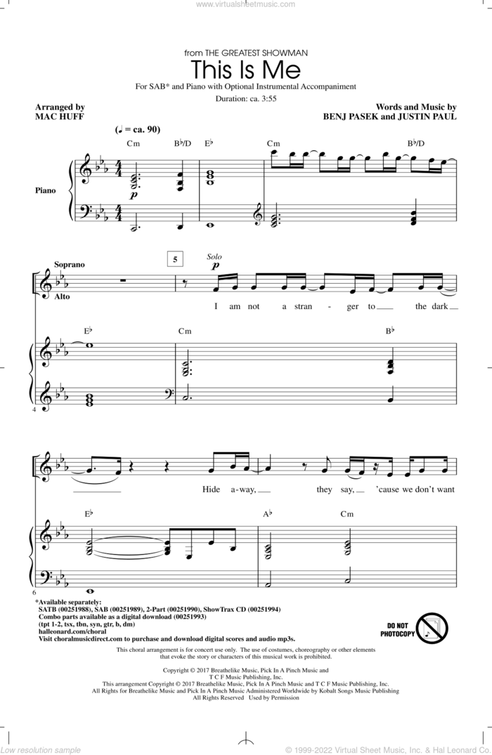 This Is Me (from The Greatest Showman) (arr. Mac Huff) sheet music for choir (SAB: soprano, alto, bass) by Pasek & Paul, Mac Huff, Benj Pasek and Justin Paul, intermediate skill level