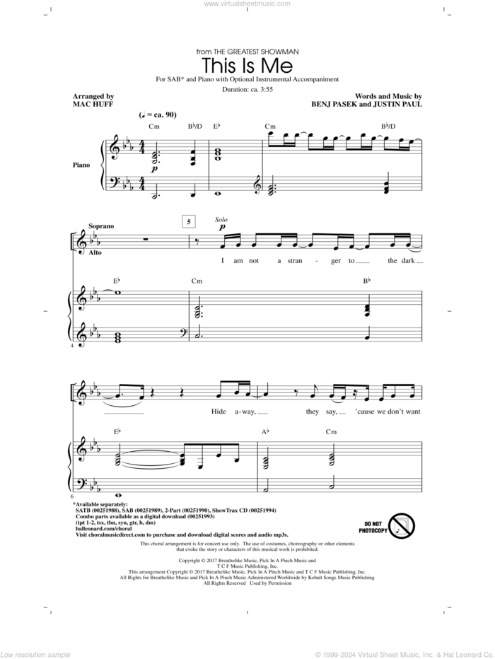 This Is Me (from The Greatest Showman) (arr. Mac Huff) sheet music for choir (SAB: soprano, alto, bass) by Pasek & Paul, Mac Huff, Benj Pasek and Justin Paul, intermediate skill level