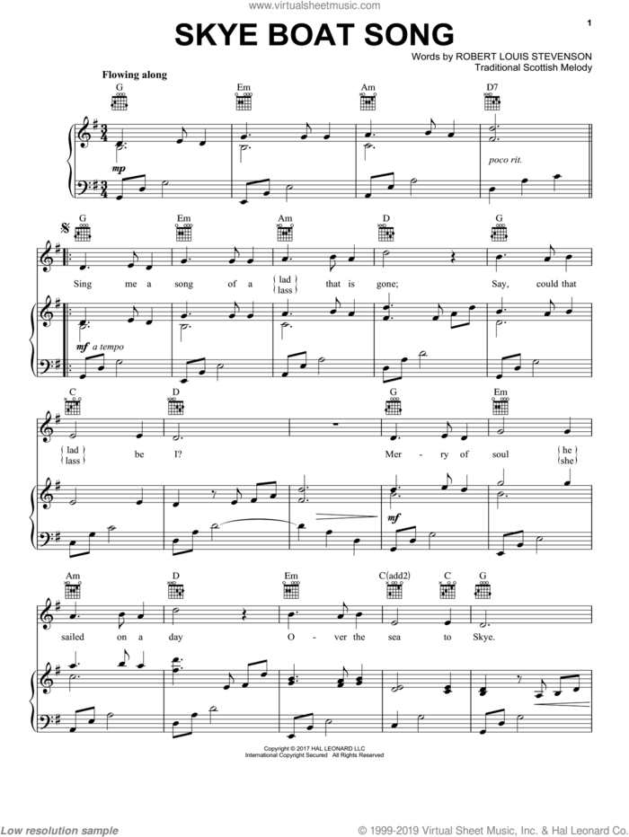 Skye Boat Song sheet music for voice, piano or guitar by Robert Louis Stevenson and Miscellaneous, intermediate skill level