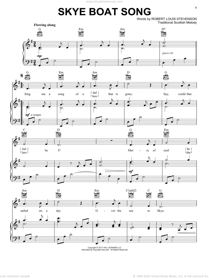 Skye Boat Song sheet music for voice, piano or guitar by Robert Louis Stevenson and Miscellaneous, intermediate skill level