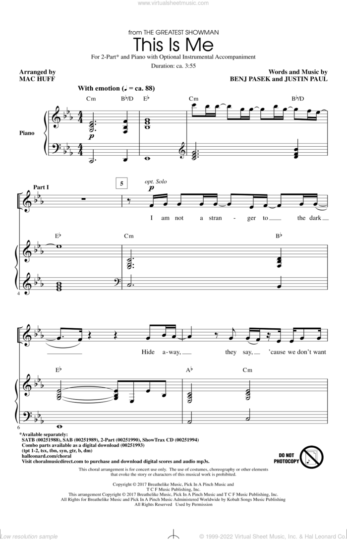 This Is Me (from The Greatest Showman) (arr. Mac Huff) sheet music for choir (2-Part) by Pasek & Paul, Mac Huff, Benj Pasek and Justin Paul, intermediate duet