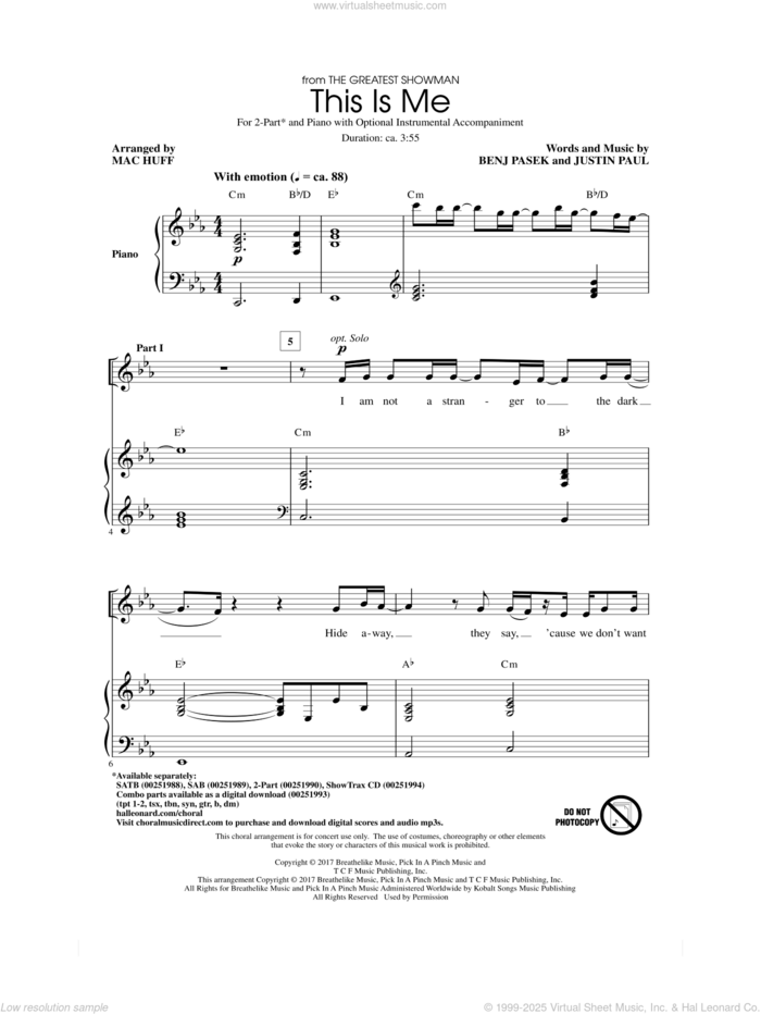 This Is Me (from The Greatest Showman) (arr. Mac Huff) sheet music for choir (2-Part) by Pasek & Paul, Mac Huff, Benj Pasek and Justin Paul, intermediate duet