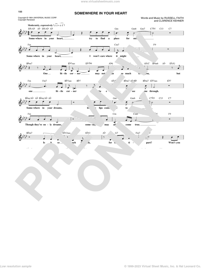 Somewhere In Your Heart sheet music for voice and other instruments (fake book) by Frank Sinatra, Clarence Kehner and Russell Faith, intermediate skill level