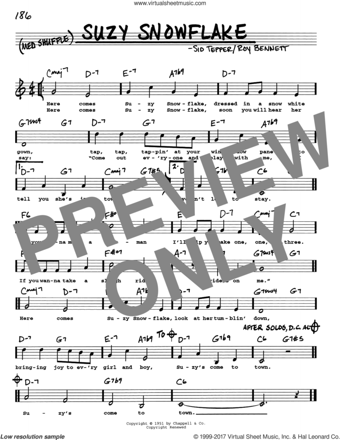 Suzy Snowflake sheet music for voice and other instruments (real book with lyrics) by Sid Tepper and Roy Bennett, intermediate skill level