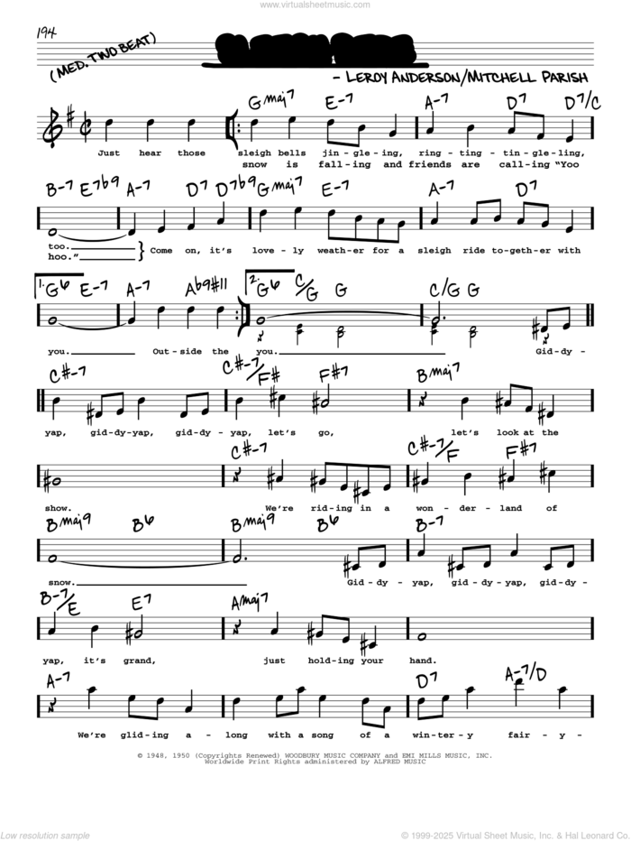 Sleigh Ride sheet music for voice and other instruments (real book with lyrics) by Mitchell Parish and Leroy Anderson, intermediate skill level