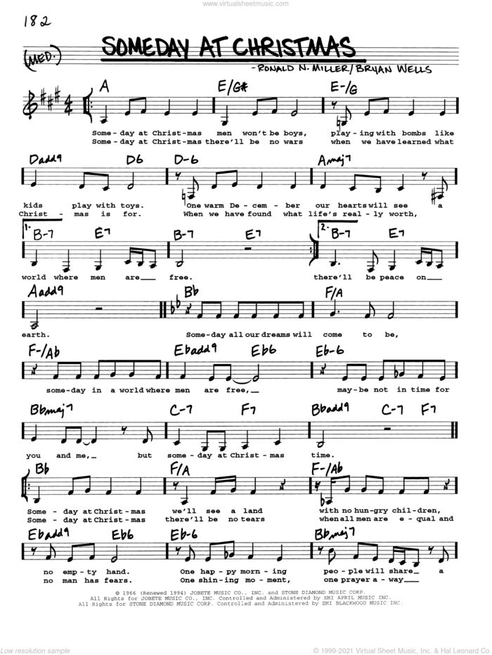 Someday At Christmas sheet music for voice and other instruments (real book with lyrics) by Bryan Wells and Ronald N. Miller, intermediate skill level