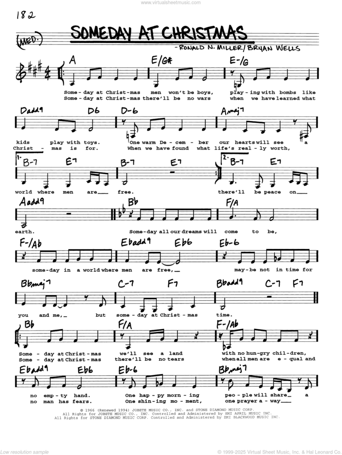 Someday At Christmas sheet music for voice and other instruments (real book with lyrics) by Bryan Wells and Ronald N. Miller, intermediate skill level