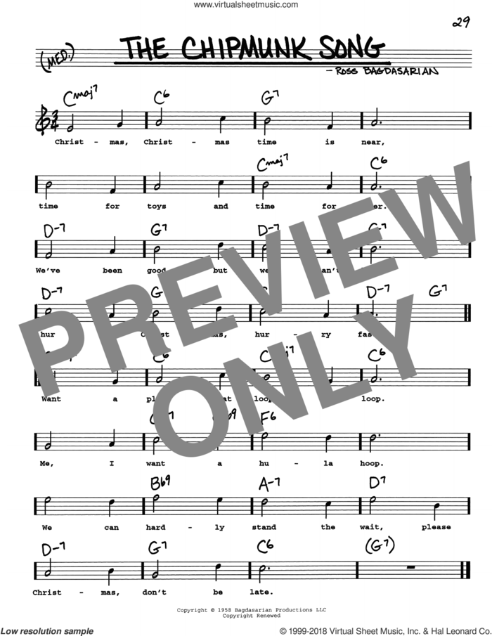 The Chipmunk Song sheet music for voice and other instruments (real book with lyrics) by Alvin And The Chipmunks and Ross Bagdasarian, intermediate skill level