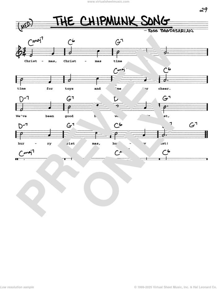 The Chipmunk Song sheet music for voice and other instruments (real book with lyrics) by Alvin And The Chipmunks and Ross Bagdasarian, intermediate skill level