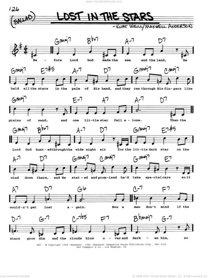 Lost In The Stars sheet music for voice and other instruments (real book with lyrics) by Kurt Weill and Maxwell Anderson, intermediate skill level
