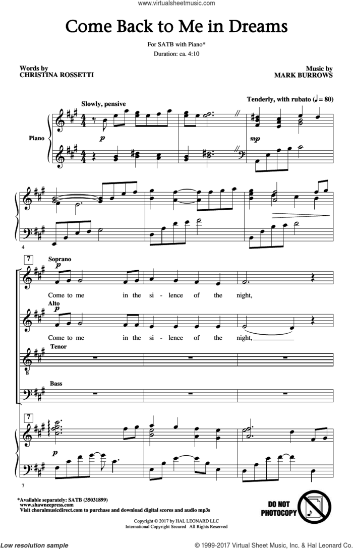 Come Back To Me In Dreams sheet music for choir (SATB: soprano, alto, tenor, bass) by Mark Burrows and Christina Rosetti, intermediate skill level