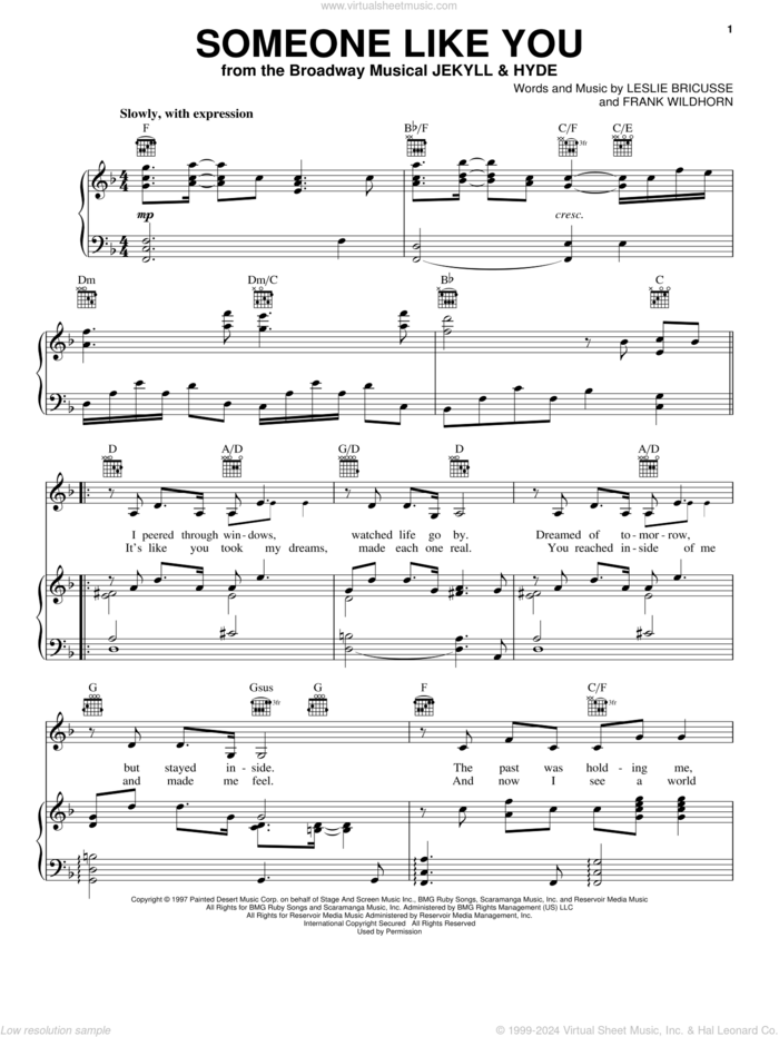 Someone Like You sheet music for voice, piano or guitar by Leslie Bricusse, Jekyll & Hyde (Musical) and Frank Wildhorn, wedding score, intermediate skill level