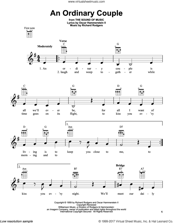 An Ordinary Couple sheet music for ukulele by Rodgers & Hammerstein, Oscar II Hammerstein and Richard Rodgers, intermediate skill level