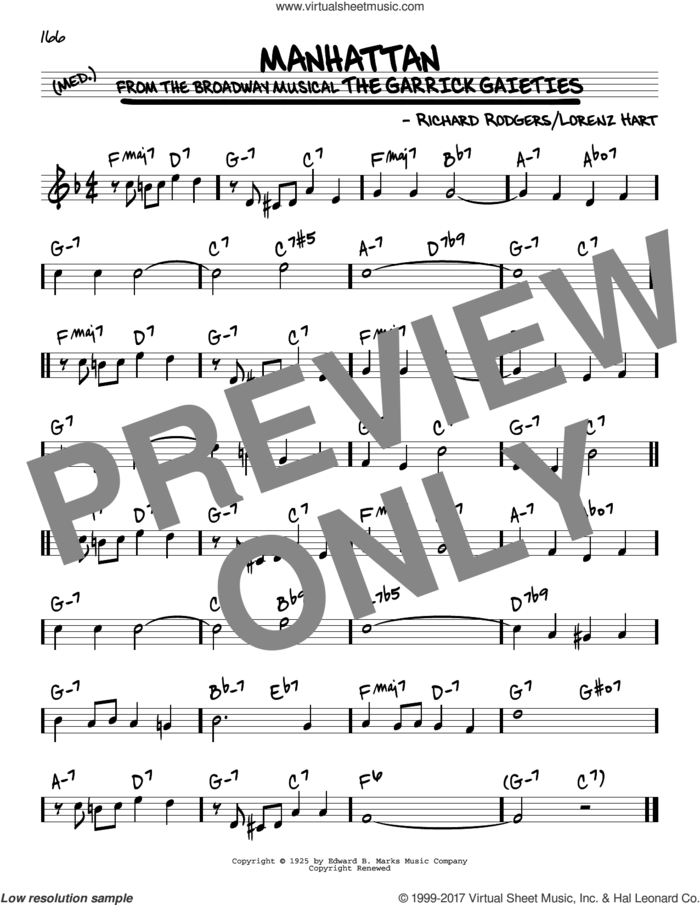 Manhattan sheet music for voice and other instruments (real book) by Rodgers & Hart, Lorenz Hart and Richard Rodgers, intermediate skill level