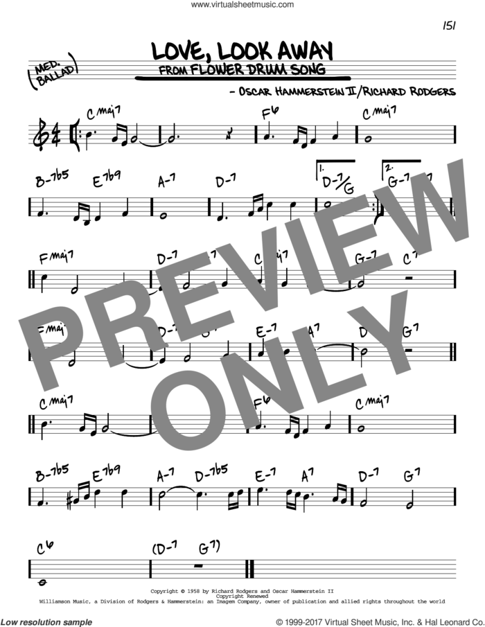 Love, Look Away sheet music for voice and other instruments (real book) by Rodgers & Hammerstein, Oscar II Hammerstein and Richard Rodgers, intermediate skill level