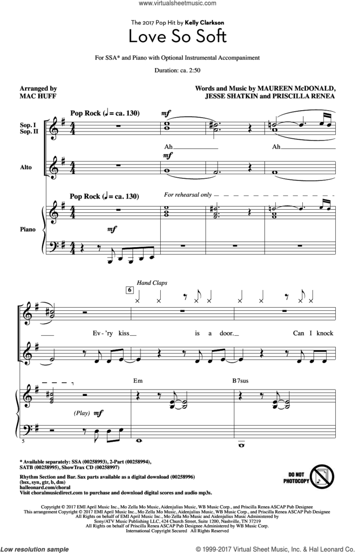 Love So Soft sheet music for choir (SSA: soprano, alto) by Mac Huff, Kelly Clarkson, Jesse Shatkin, Maureen McDonald and Priscilla Renea, intermediate skill level