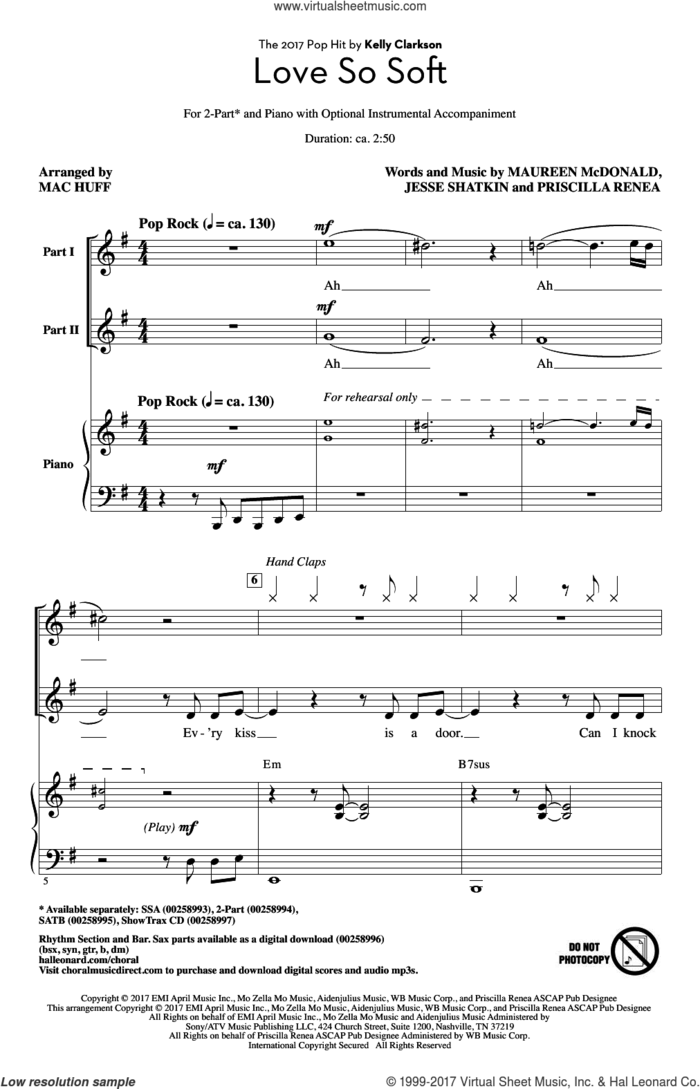 Love So Soft sheet music for choir (2-Part) by Priscilla Renea, Mac Huff, Kelly Clarkson, Jesse Shatkin and Maureen McDonald, intermediate duet