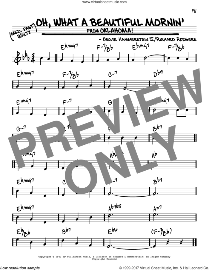 Oh, What A Beautiful Mornin' (from Oklahoma!) sheet music for voice and other instruments (real book) by Rodgers & Hammerstein, Oscar II Hammerstein and Richard Rodgers, intermediate skill level