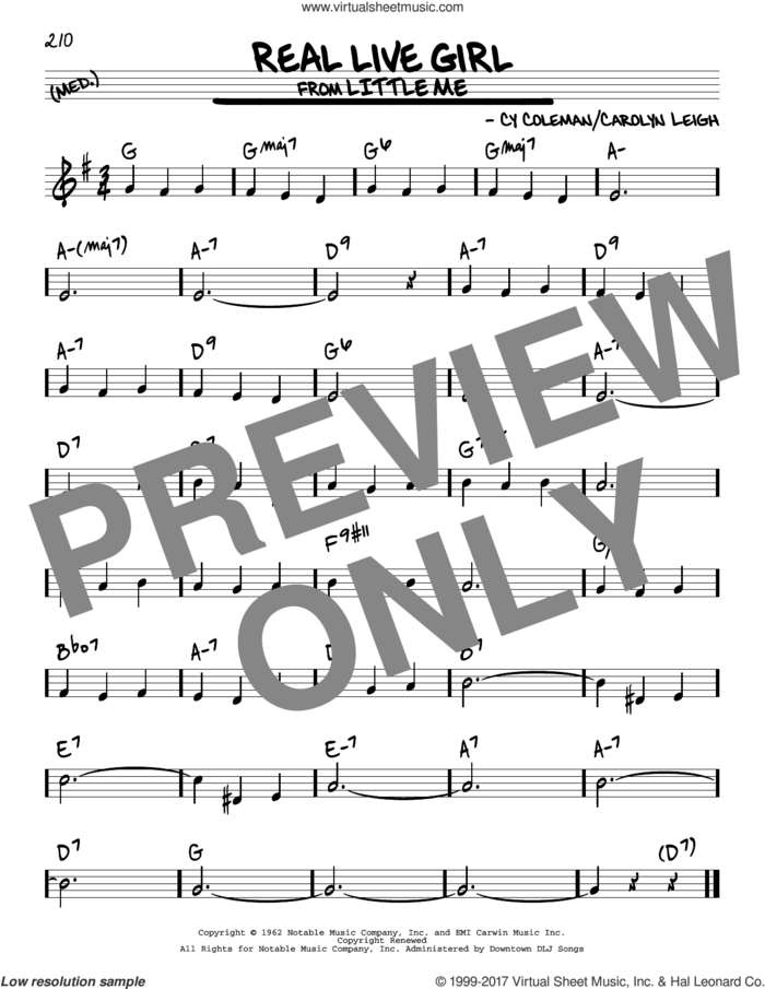 Real Live Girl sheet music for voice and other instruments (real book) by Cy Coleman and Carolyn Leigh, intermediate skill level
