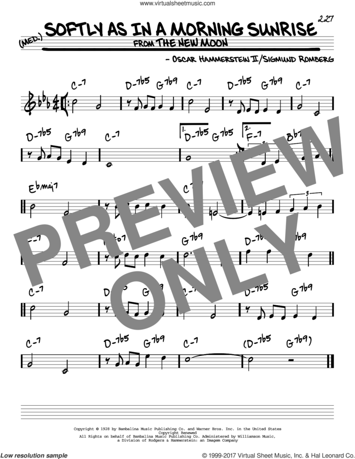 Softly As In A Morning Sunrise sheet music for voice and other instruments (real book) by Oscar II Hammerstein and Sigmund Romberg, intermediate skill level