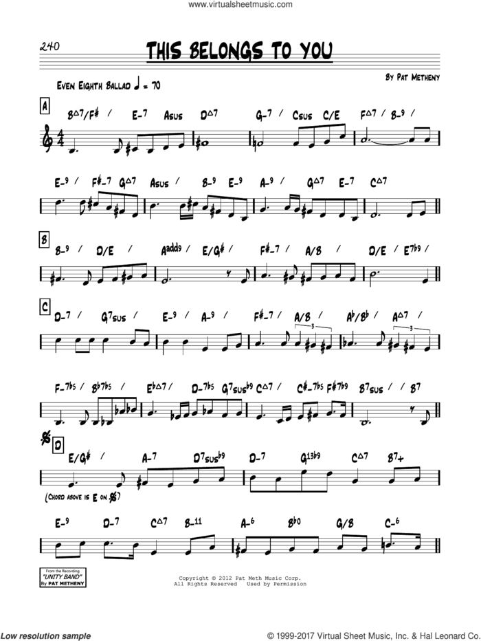 This Belongs To You sheet music for voice and other instruments (real book) by Pat Metheny, intermediate skill level