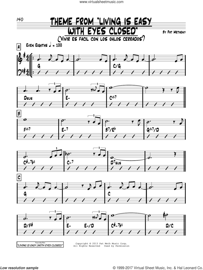 Theme From 'Living Is Easy With Eyes Closed' sheet music for voice and other instruments (real book) by Pat Metheny, intermediate skill level