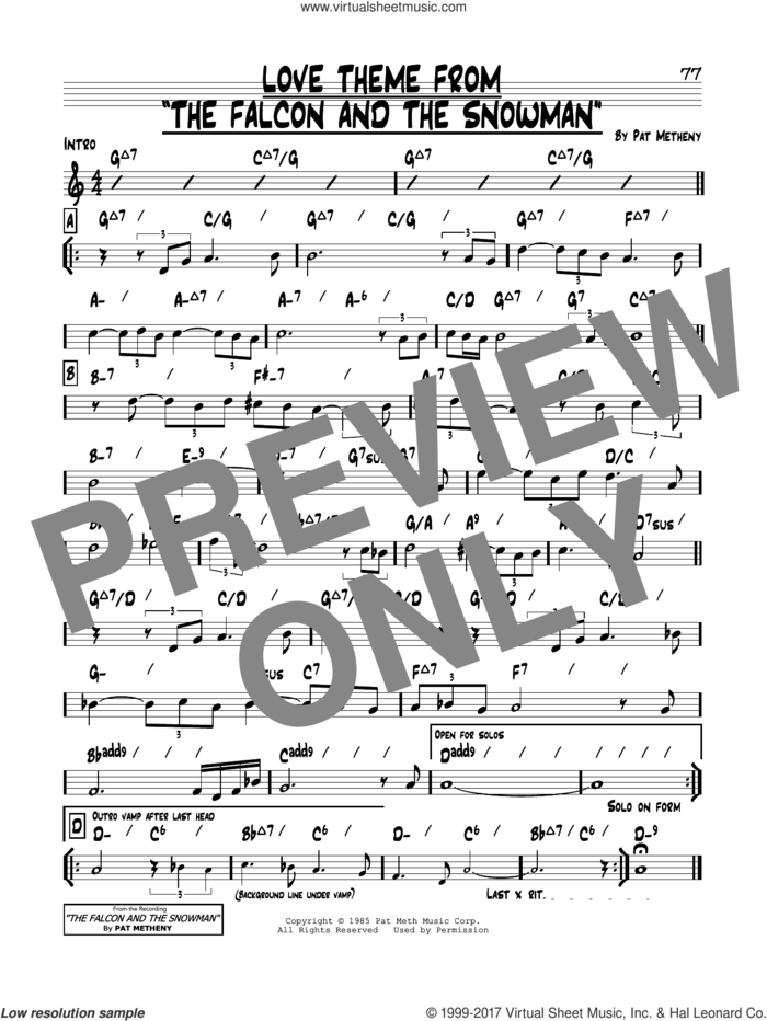 Love Theme From 'The Falcon And The Snowman' sheet music for voice and other instruments (real book) by Pat Metheny, intermediate skill level
