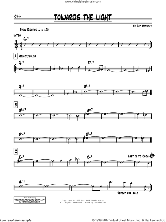 Towards The Light sheet music for voice and other instruments (real book) by Pat Metheny, intermediate skill level