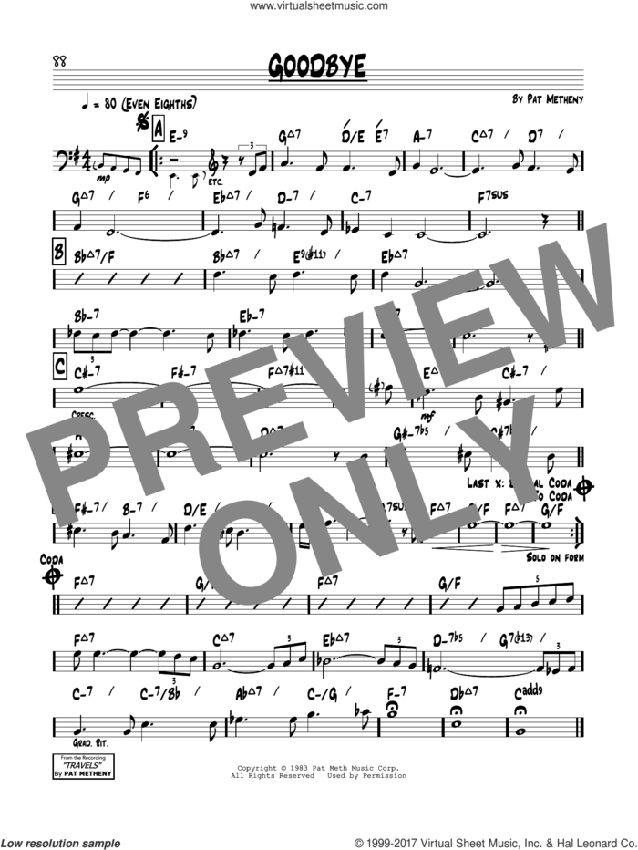 Goodbye sheet music for voice and other instruments (real book) by Pat Metheny, intermediate skill level