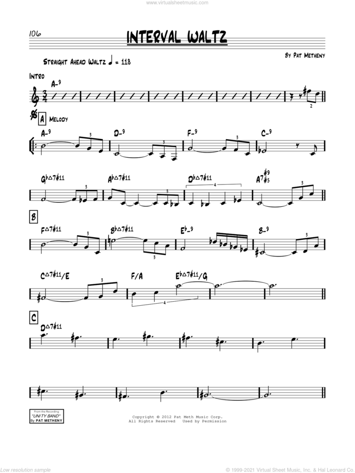Interval Waltz sheet music for voice and other instruments (real book) by Pat Metheny, intermediate skill level